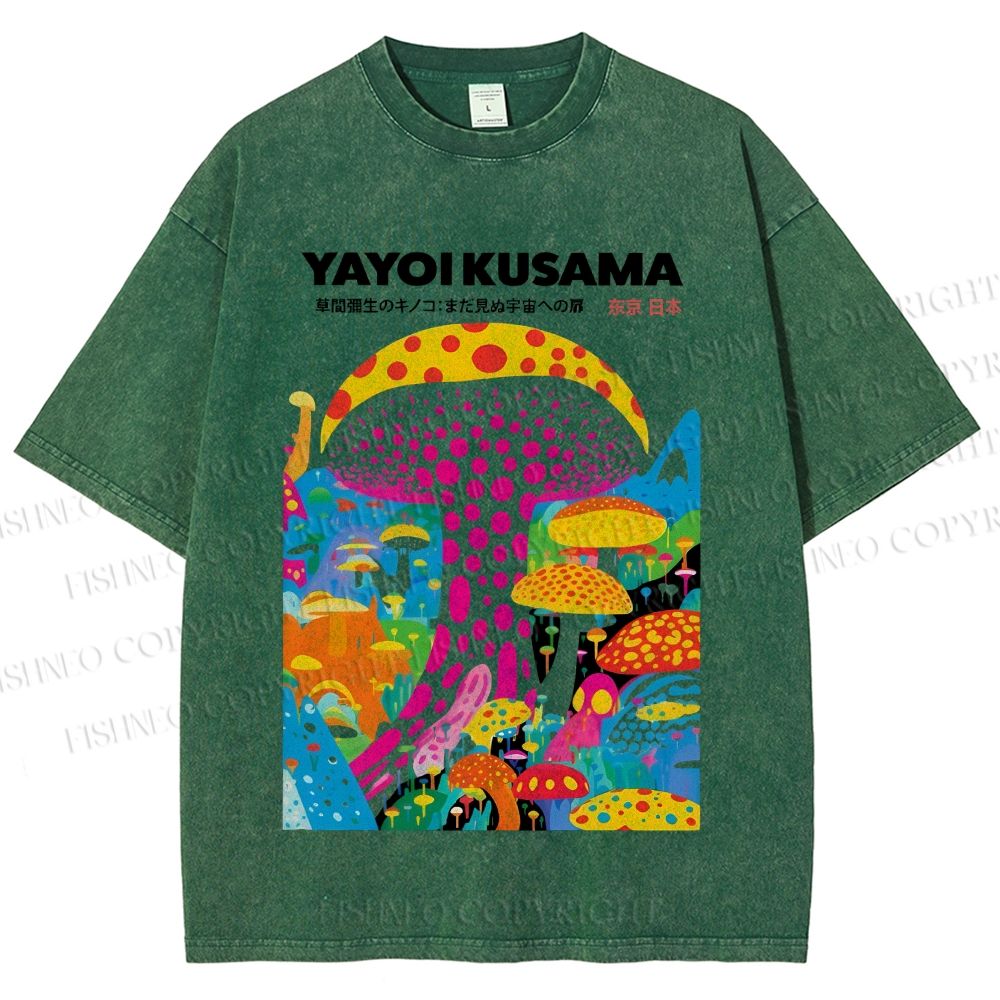 Unisex Japanese Yayoi Kusama Style Mushroom Printed Washed Tee