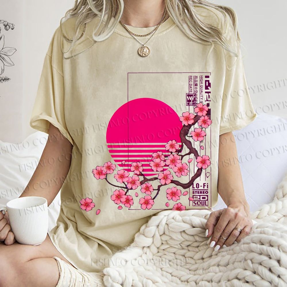 Unisex Japanese Sakura Printed Washed Tee