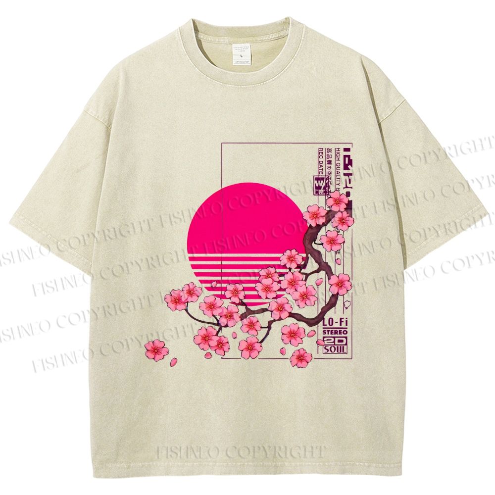 Unisex Japanese Sakura Printed Washed Tee