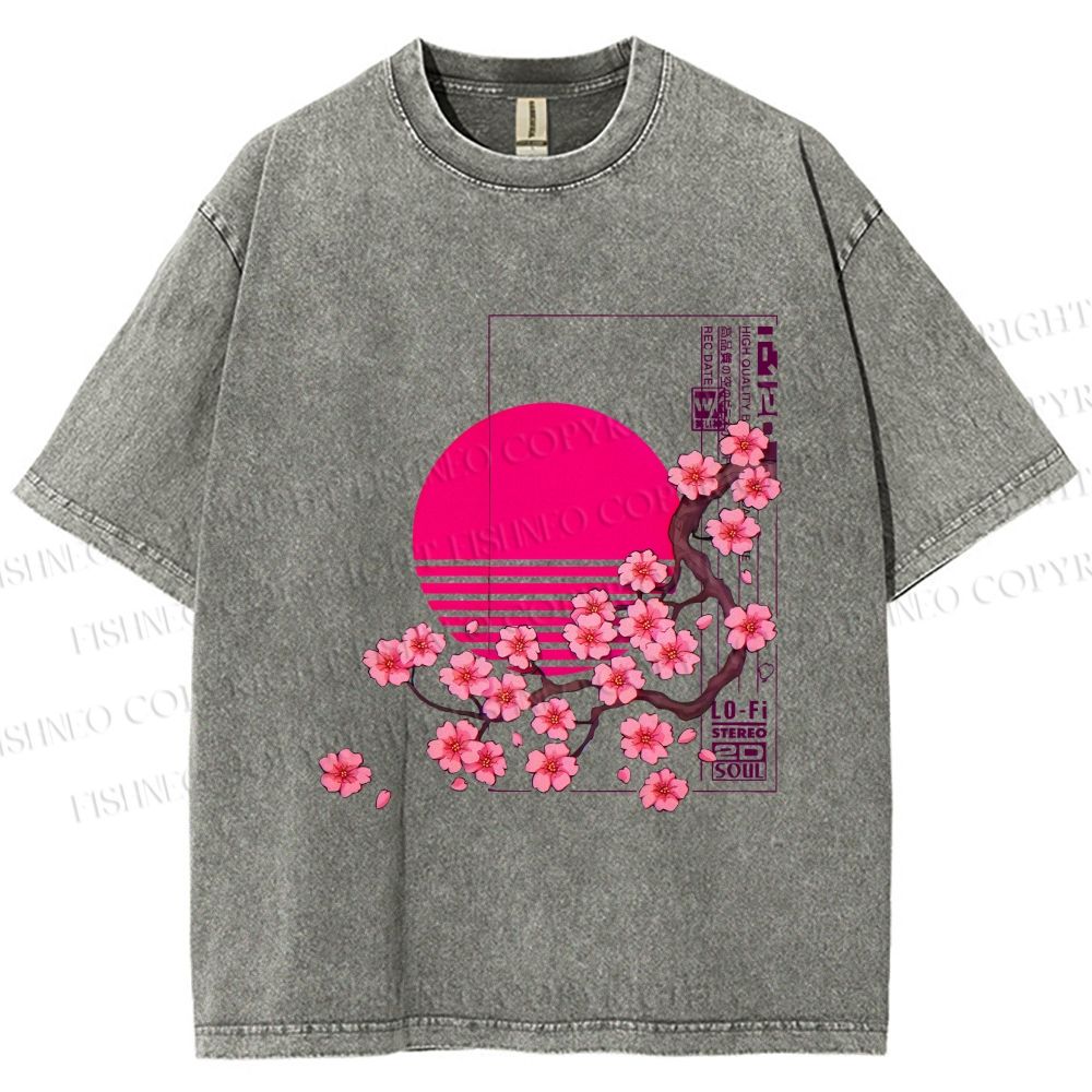 Unisex Japanese Sakura Printed Washed Tee