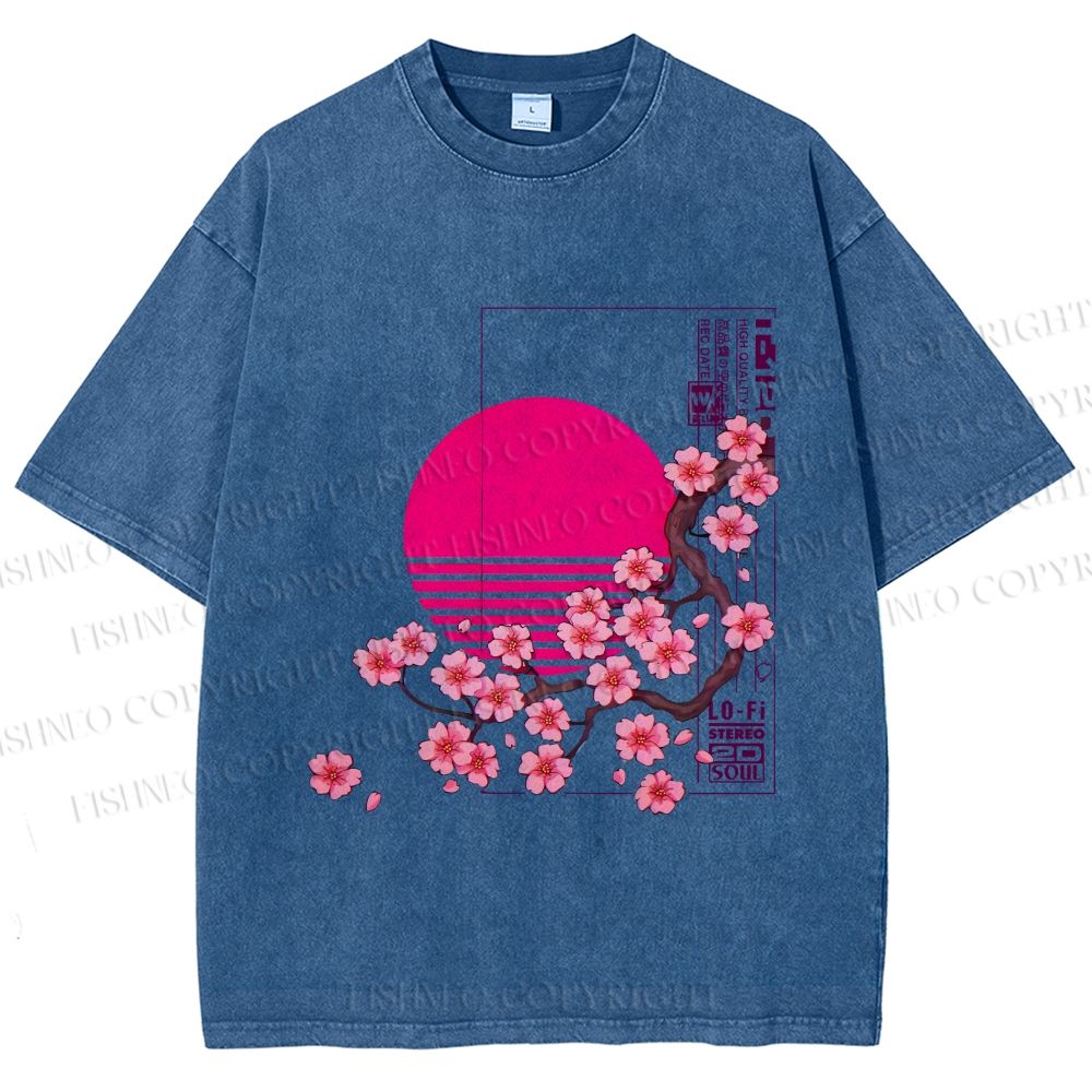 Unisex Japanese Sakura Printed Washed Tee