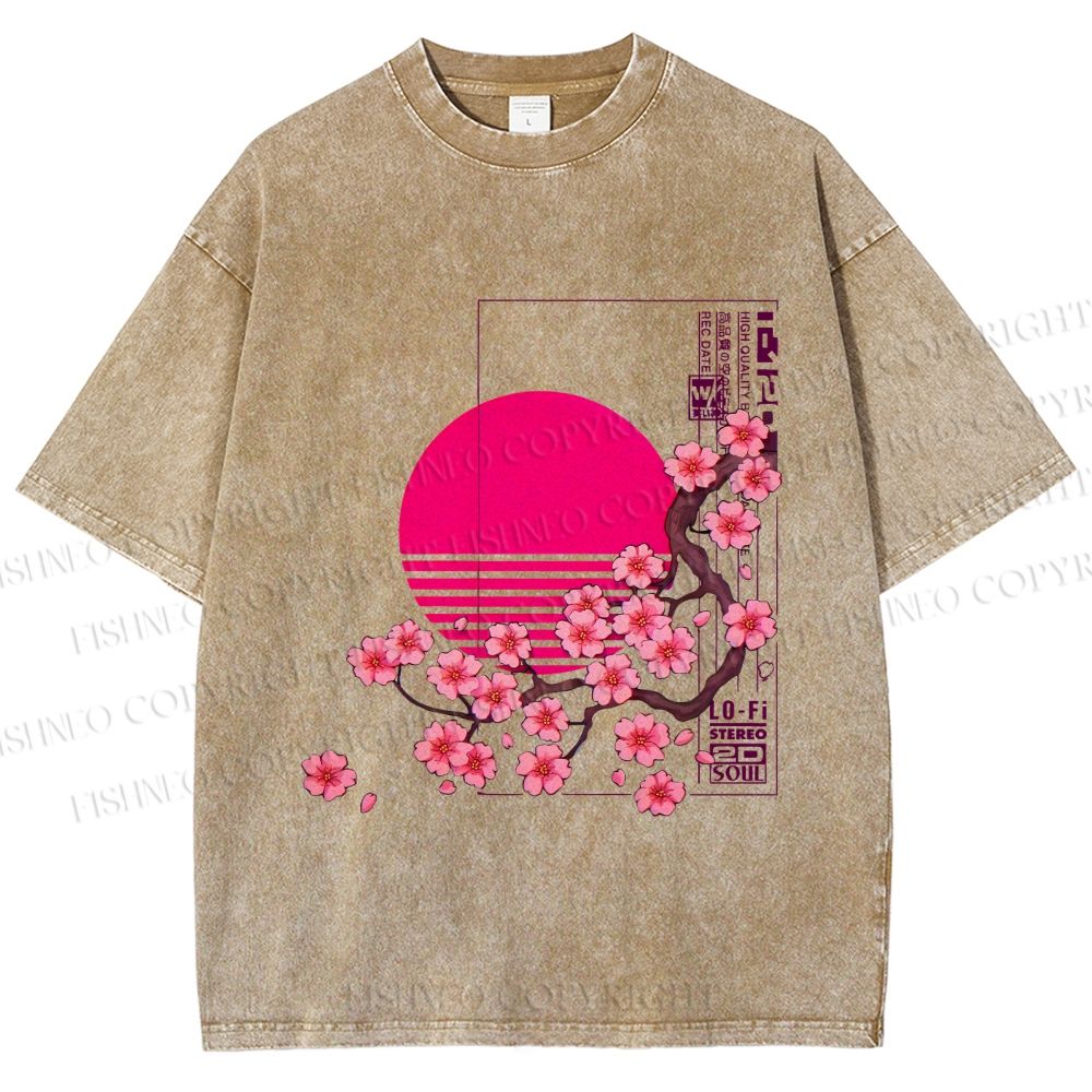 Unisex Japanese Sakura Printed Washed Tee
