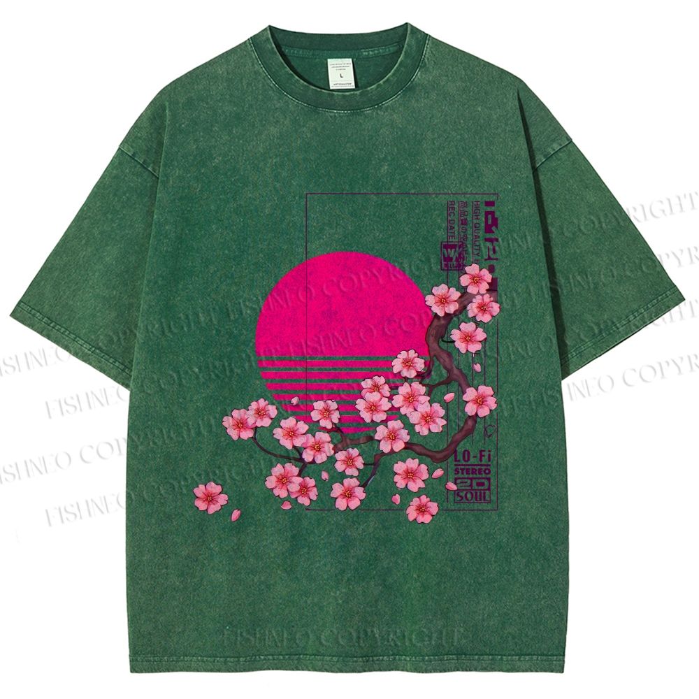 Unisex Japanese Sakura Printed Washed Tee