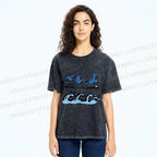 Unisex Japanese Wave Fish Printed Washed Tee