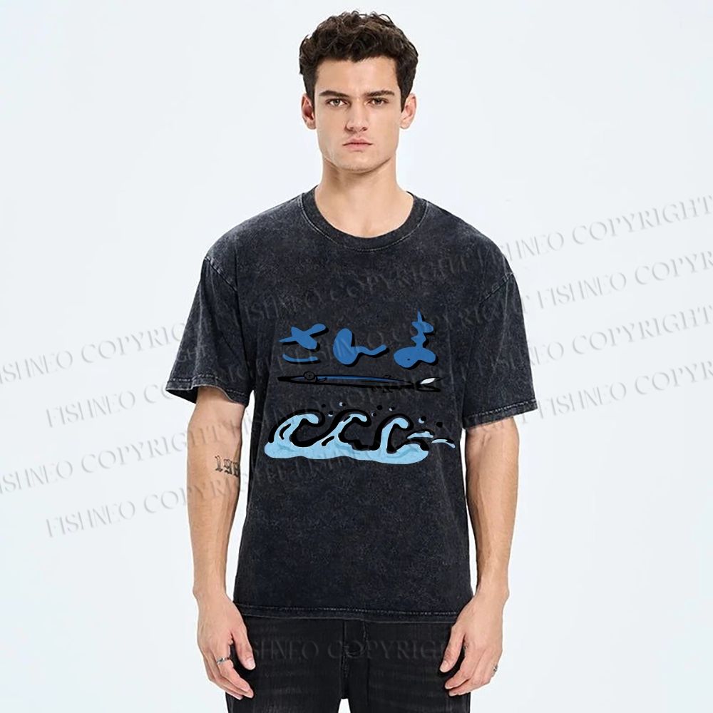 Unisex Japanese Wave Fish Printed Washed Tee