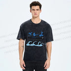 Unisex Japanese Wave Fish Printed Washed Tee