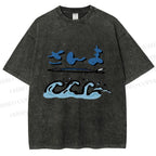Unisex Japanese Wave Fish Printed Washed Tee