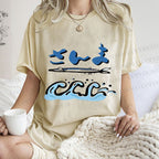 Unisex Japanese Wave Fish Printed Washed Tee
