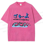 Unisex Japanese Wave Fish Printed Washed Tee