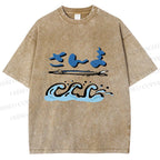 Unisex Japanese Wave Fish Printed Washed Tee