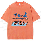 Unisex Japanese Wave Fish Printed Washed Tee