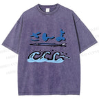 Unisex Japanese Wave Fish Printed Washed Tee