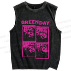 Unisex  Vintage Green Day Printed Washed Tank Top