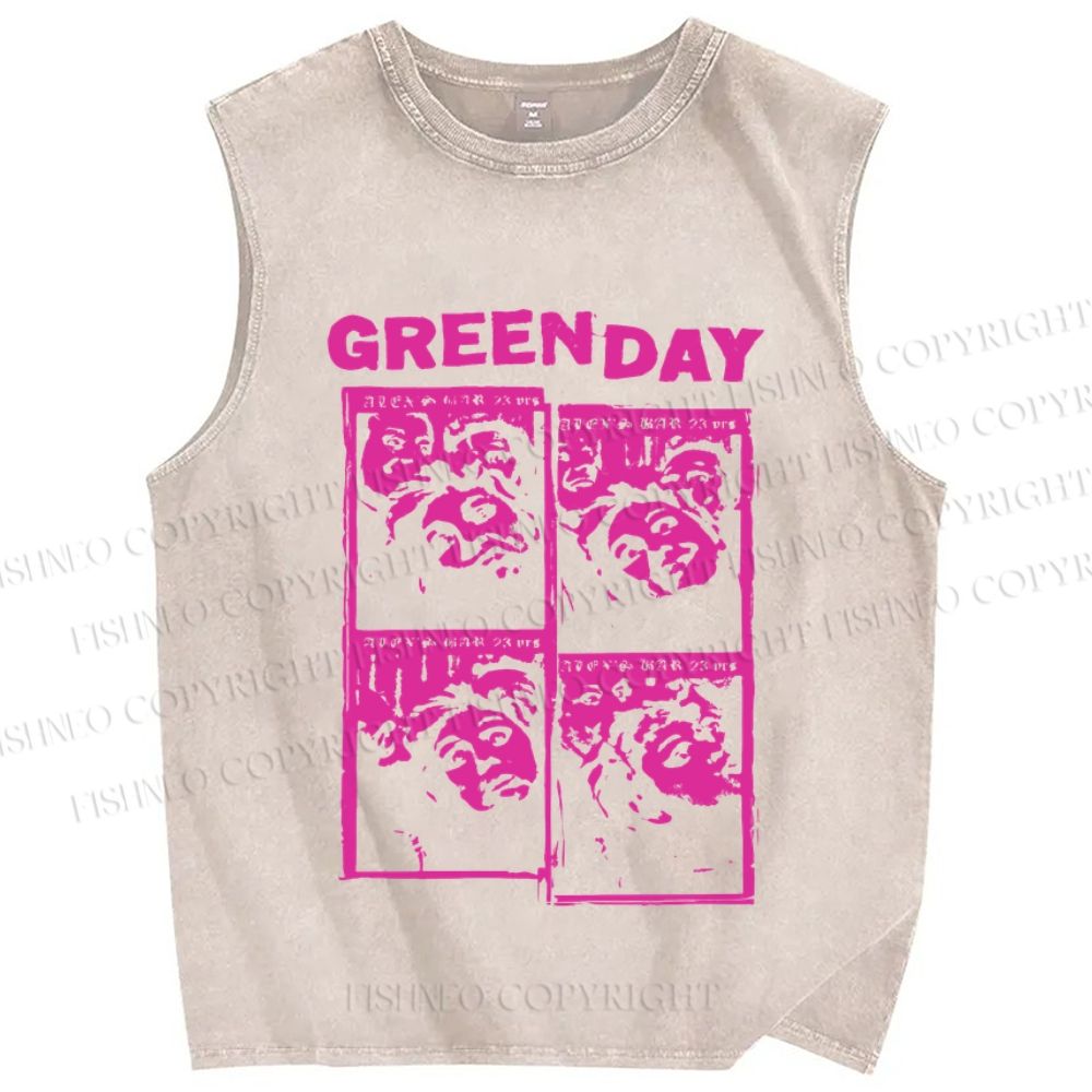 Unisex  Vintage Green Day Printed Washed Tank Top