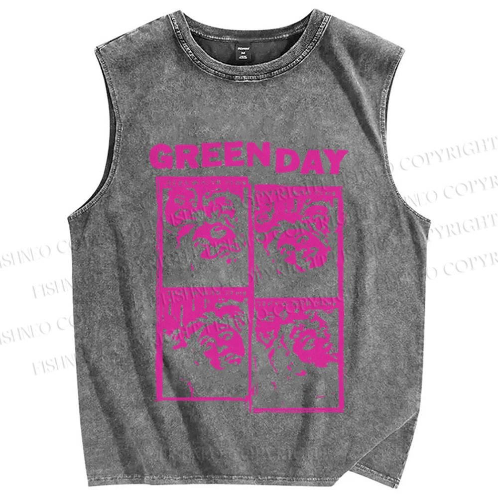 Unisex  Vintage Green Day Printed Washed Tank Top