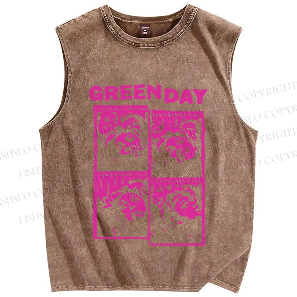 Unisex  Vintage Green Day Printed Washed Tank Top