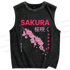 Unisex Japanese Sakura Printed Washed Tank Top