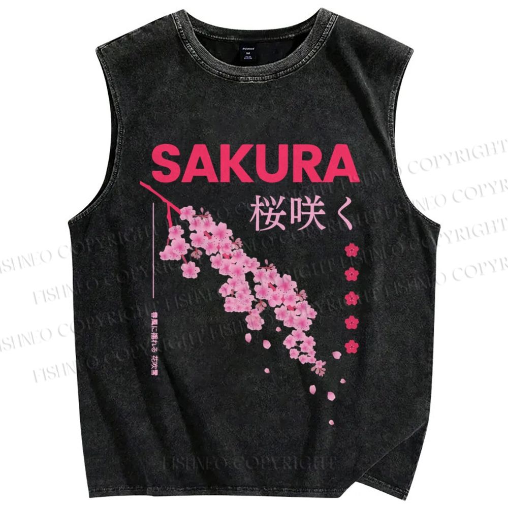 Unisex Japanese Sakura Printed Washed Tank Top
