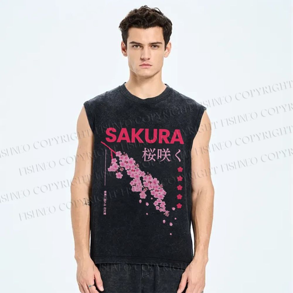 Unisex Japanese Sakura Printed Washed Tank Top