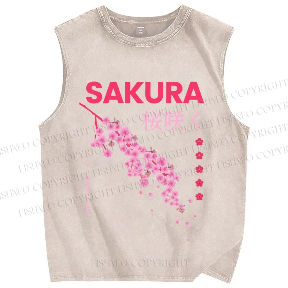 Unisex Japanese Sakura Printed Washed Tank Top