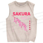 Unisex Japanese Sakura Printed Washed Tank Top