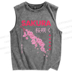 Unisex Japanese Sakura Printed Washed Tank Top