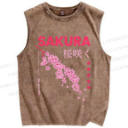 Unisex Japanese Sakura Printed Washed Tank Top