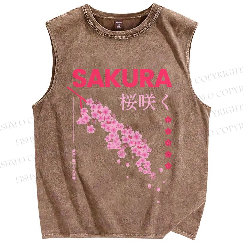 Unisex Japanese Sakura Printed Washed Tank Top