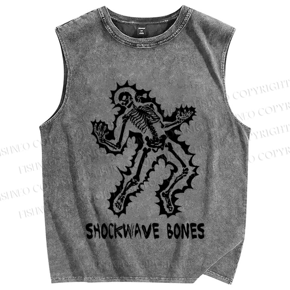 Unisex Vintage Skull Shock Wave Bone Printed Washed Tank Top