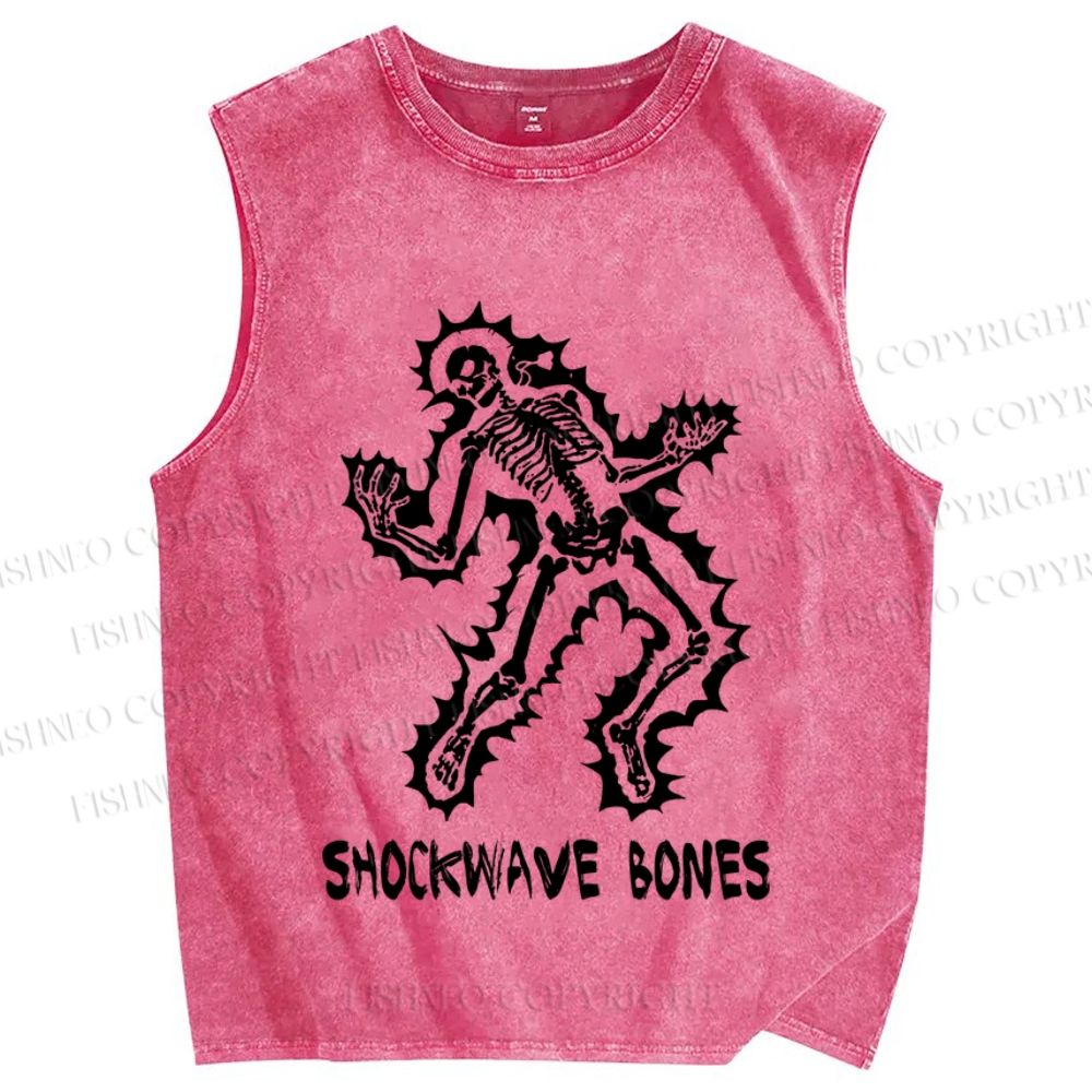 Unisex Vintage Skull Shock Wave Bone Printed Washed Tank Top