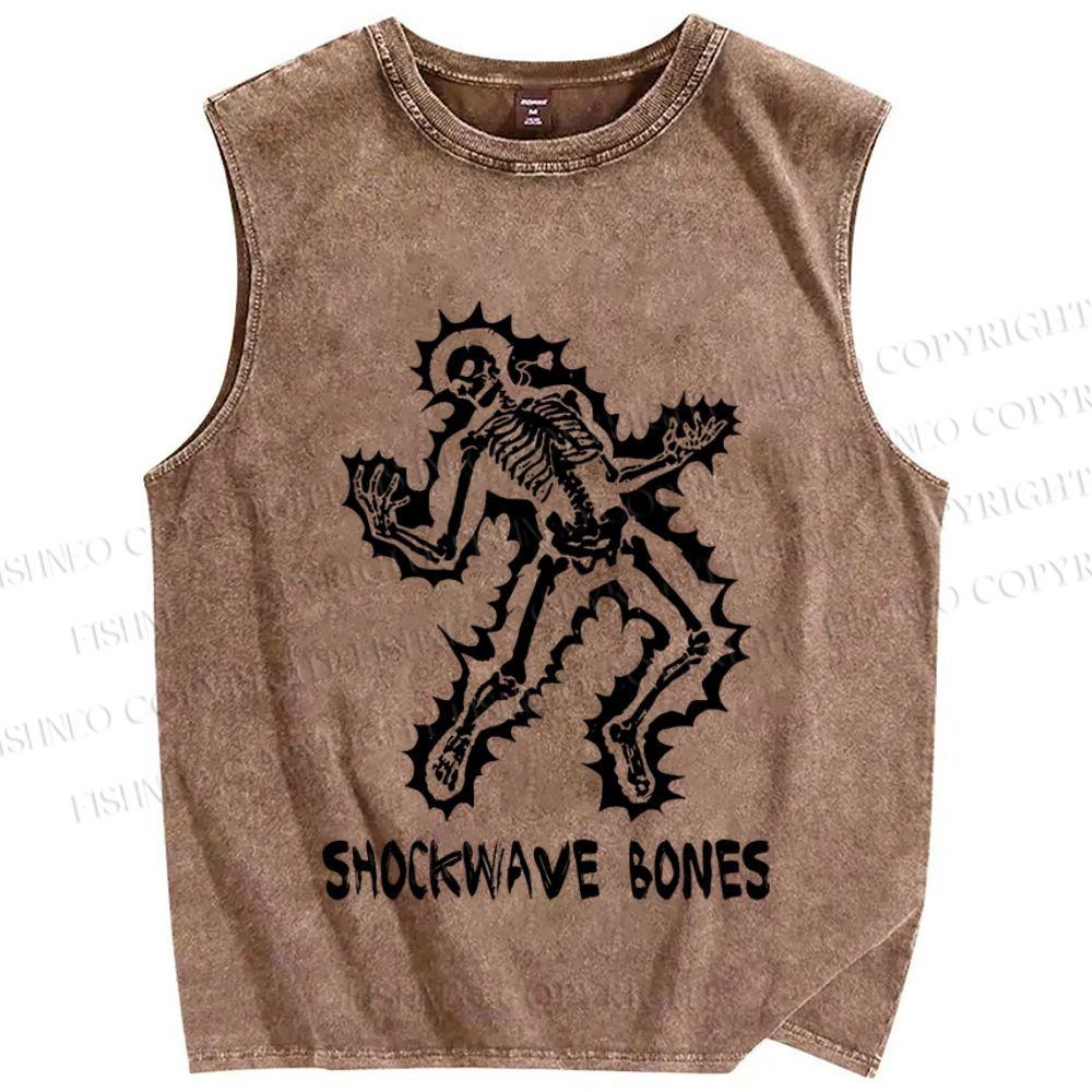 Unisex Vintage Skull Shock Wave Bone Printed Washed Tank Top