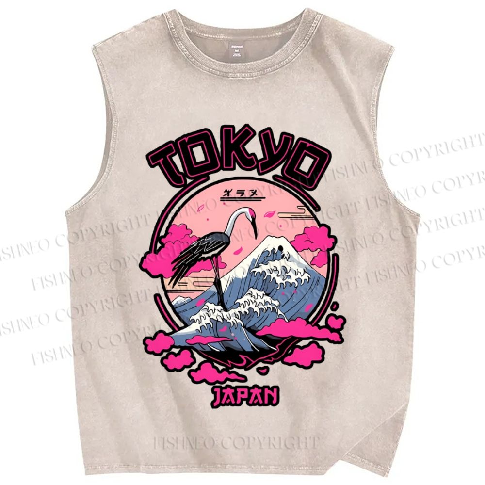 Unisex Japan Tokyo Wave Art Printed Washed Tank Top