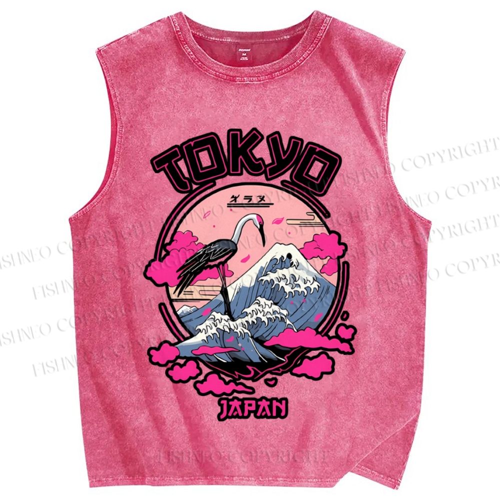 Unisex Japan Tokyo Wave Art Printed Washed Tank Top