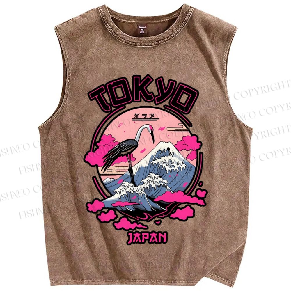 Unisex Japan Tokyo Wave Art Printed Washed Tank Top
