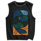 Unisex Vintage Fish Printed Washed Tank Top