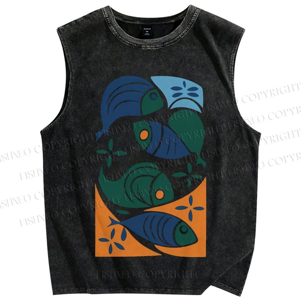 Unisex Vintage Fish Printed Washed Tank Top