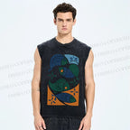 Unisex Vintage Fish Printed Washed Tank Top