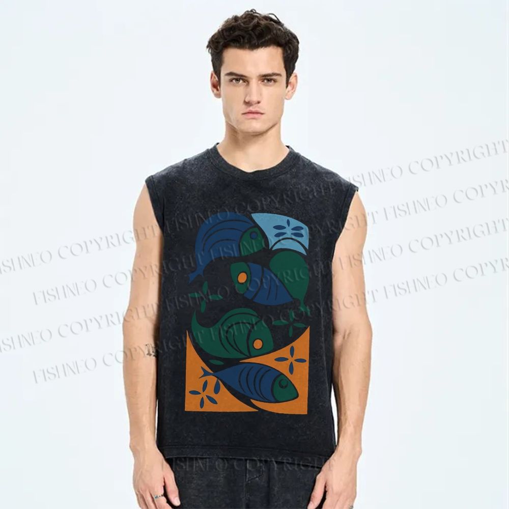 Unisex Vintage Fish Printed Washed Tank Top