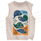 Unisex Vintage Fish Printed Washed Tank Top