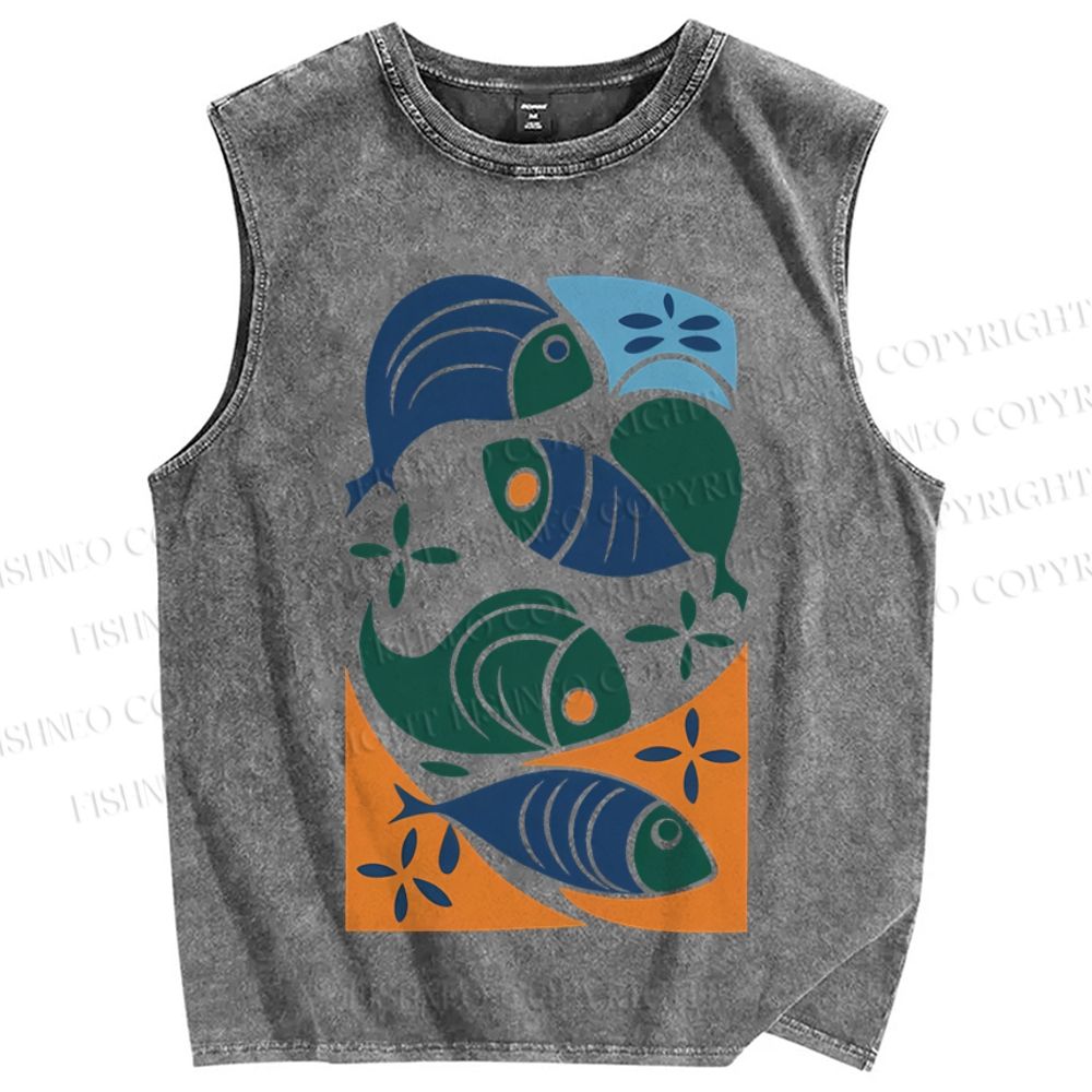 Unisex Vintage Fish Printed Washed Tank Top