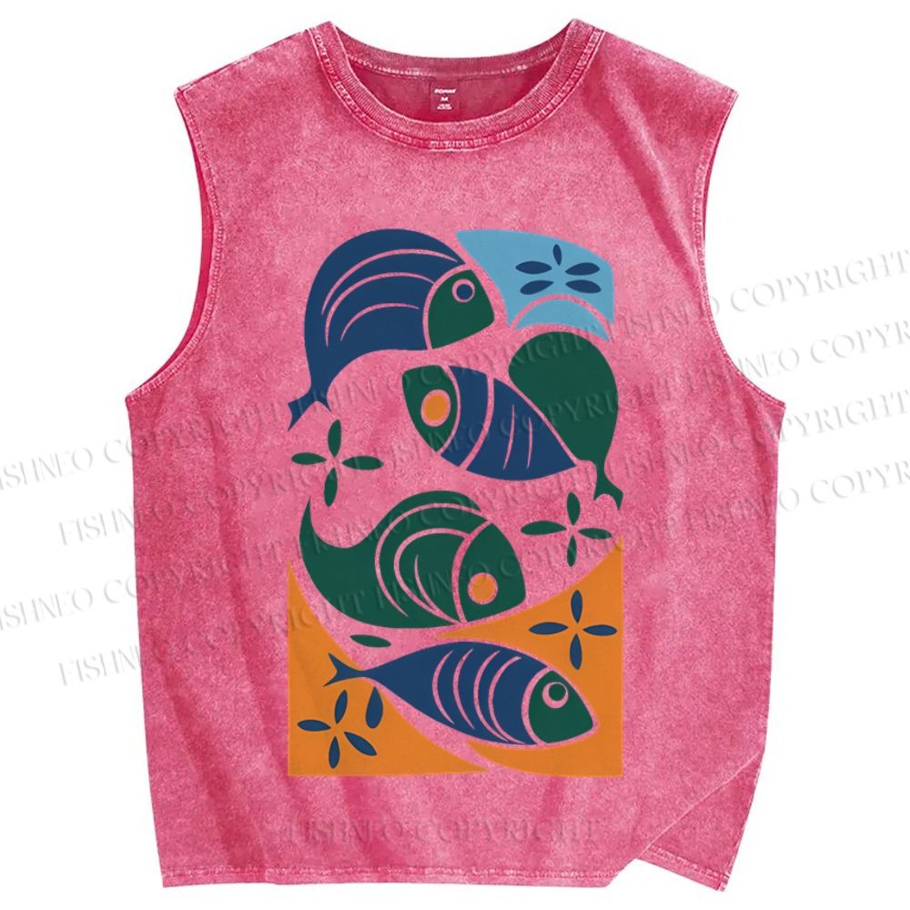 Unisex Vintage Fish Printed Washed Tank Top