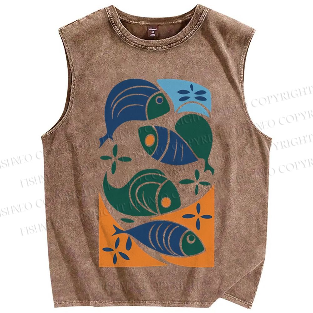 Unisex Vintage Fish Printed Washed Tank Top