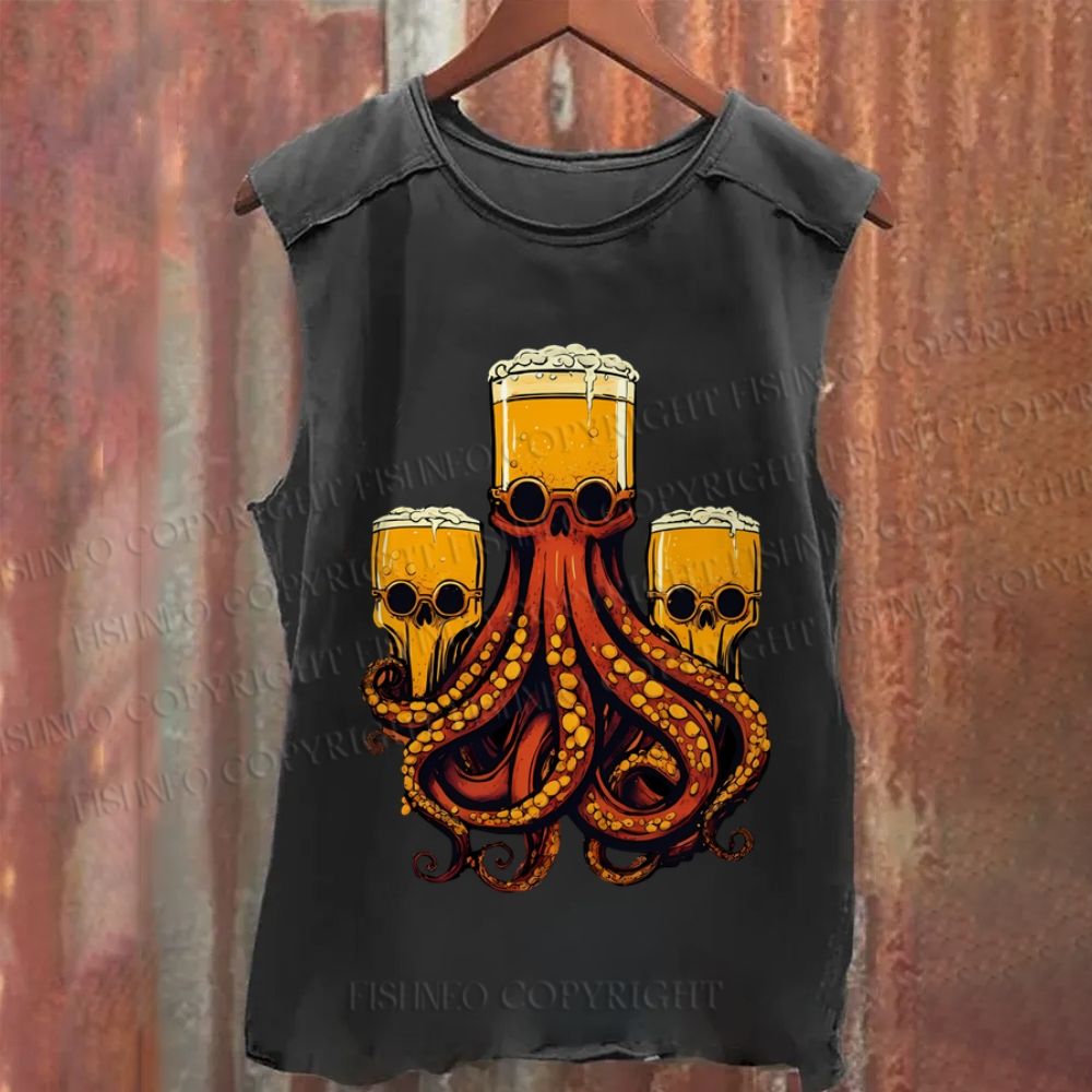 Beer Skull Octopus Vintage Washed Tank Top