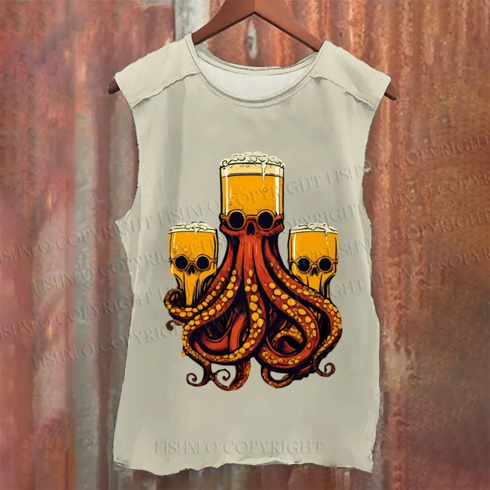 Beer Skull Octopus Vintage Washed Tank Top