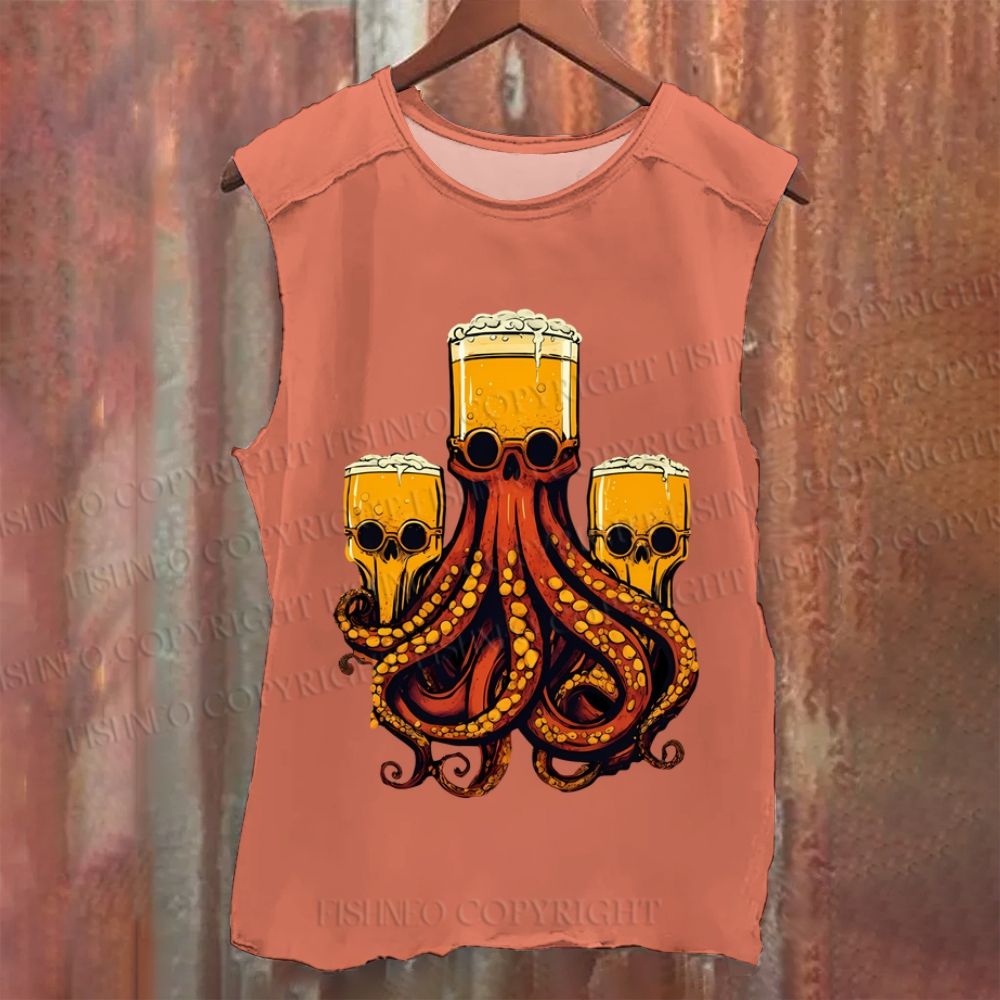 Beer Skull Octopus Vintage Washed Tank Top