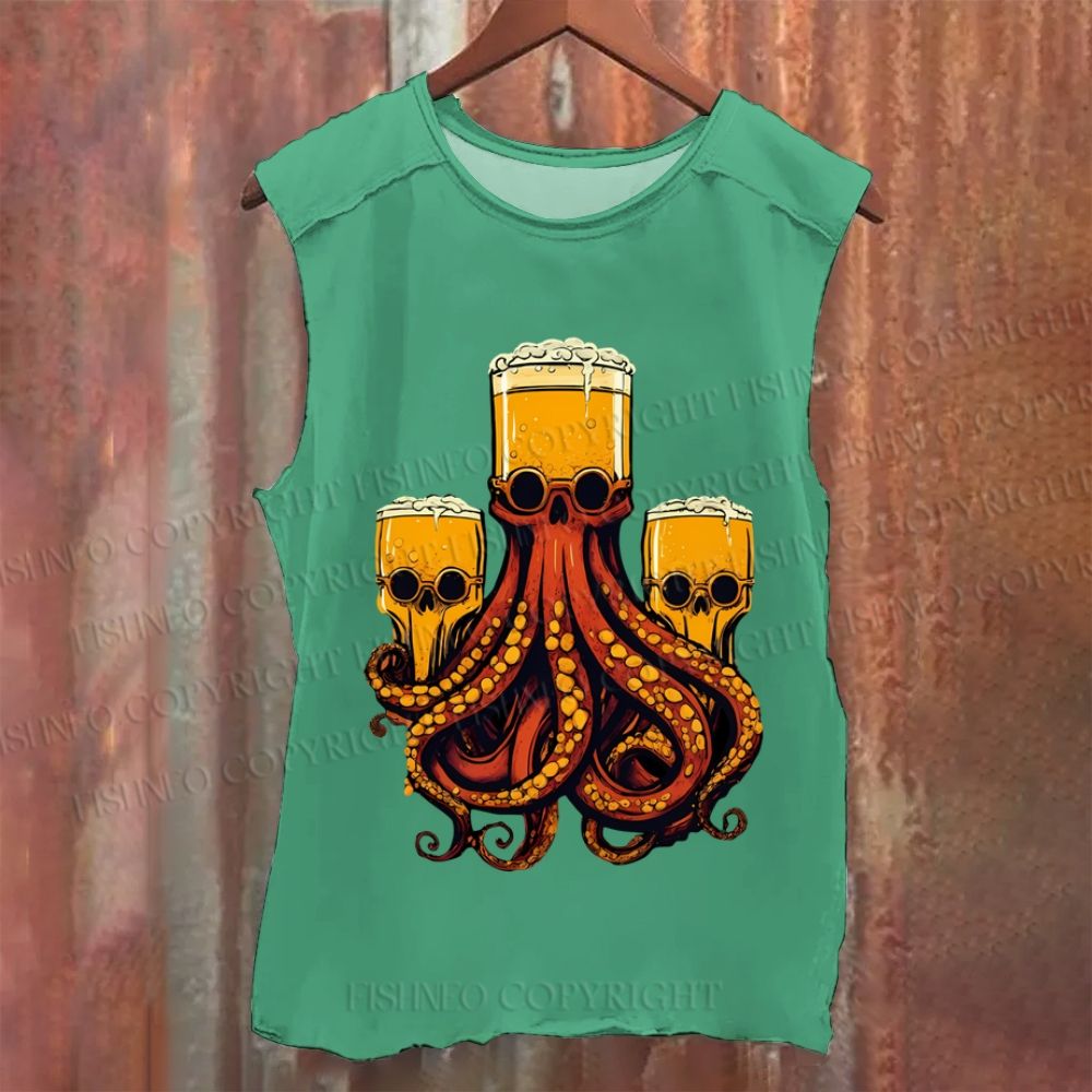 Beer Skull Octopus Vintage Washed Tank Top