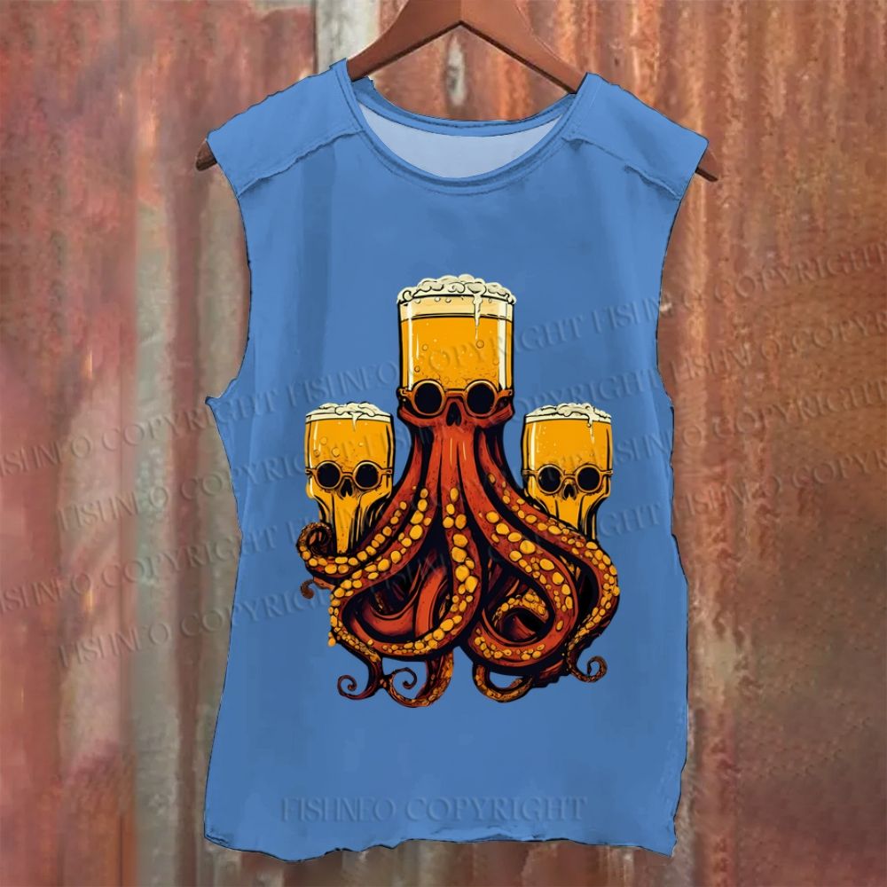 Beer Skull Octopus Vintage Washed Tank Top
