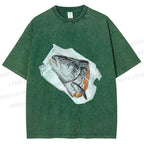 Unisex Fish Head In Plastic Printed Washed Tee