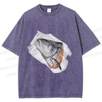 Unisex Fish Head In Plastic Printed Washed Tee