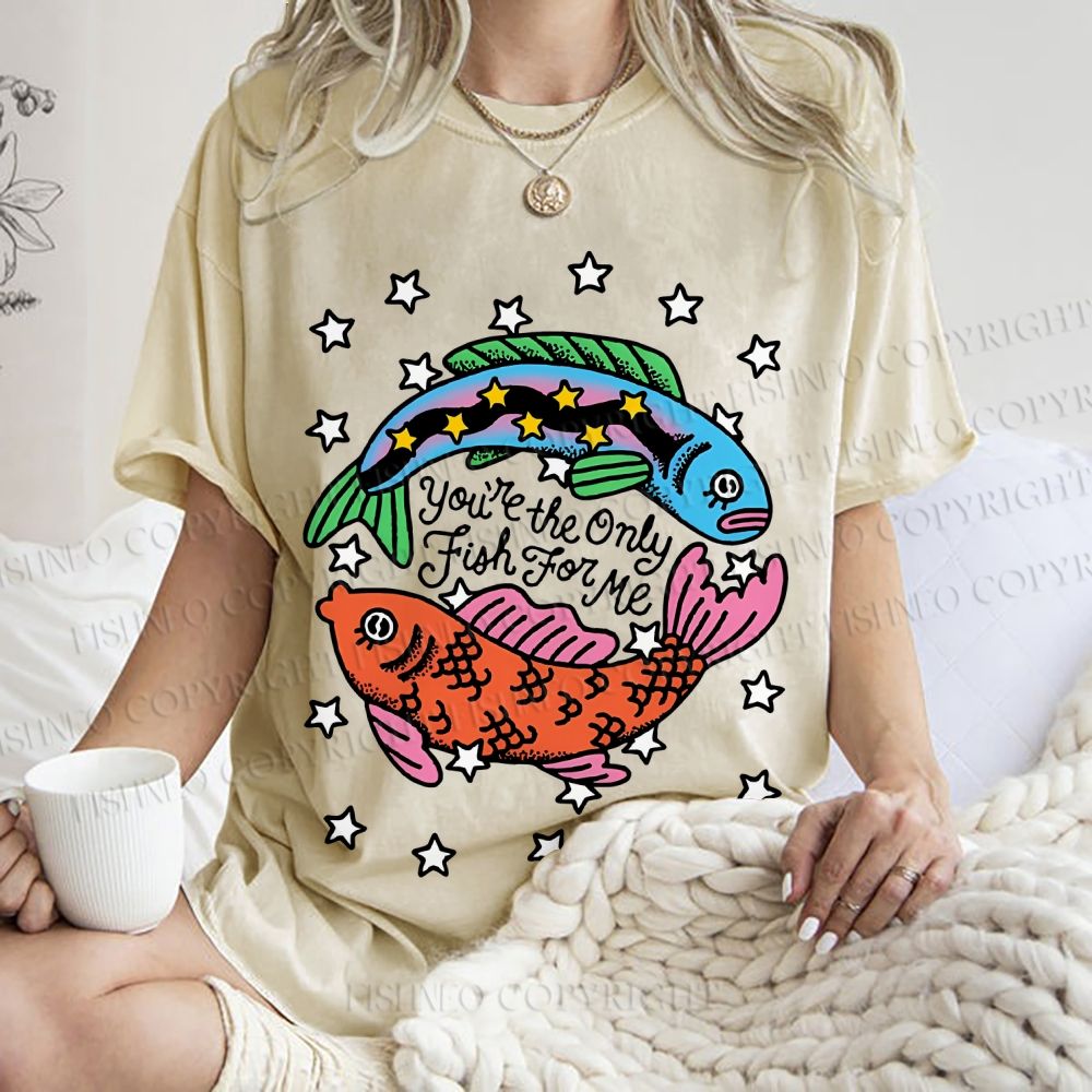 Unisex Vintage Style You Are The Only Fish For Me Printed Washed Tee